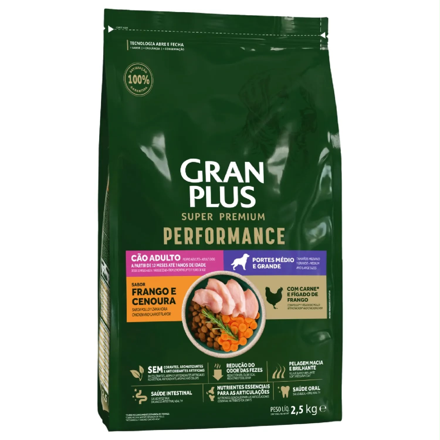Embalagem de ração seca GranPlus Super Premium Performance para cão adulto, sabor frango e cenoura, 2,5 kg, em fundo branco. Saco verde-escuro visto em leve ângulo.
