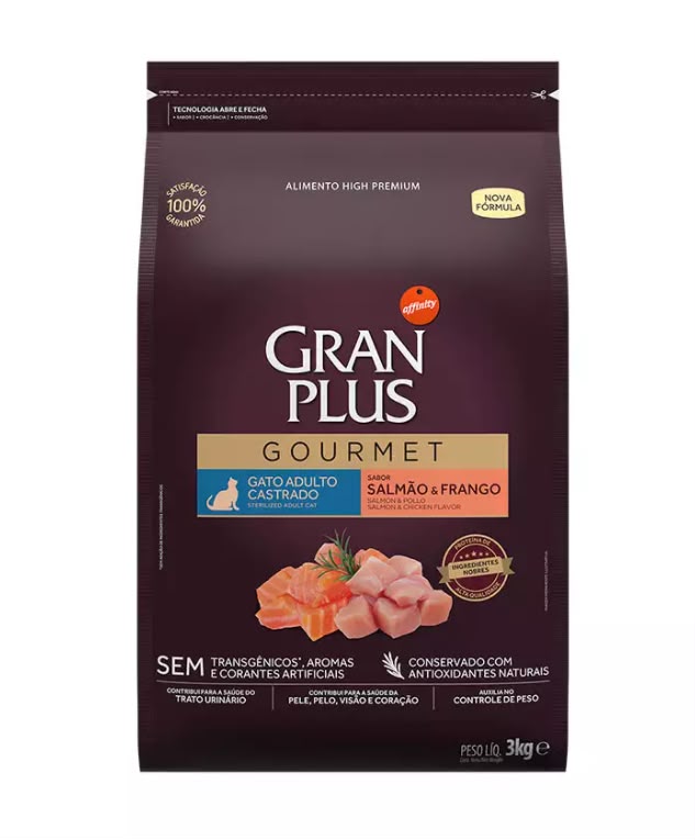Saco de ração GranPlus Gourmet para gato adulto castrado, sabor salmão e frango, 3 kg, em tom vinho-escuro, com pedaços de salmão e frango à mostra.